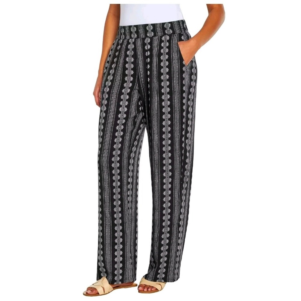 Three Dots Women XXL Black White Geometric Striped Elastic Pull On Pants NWT